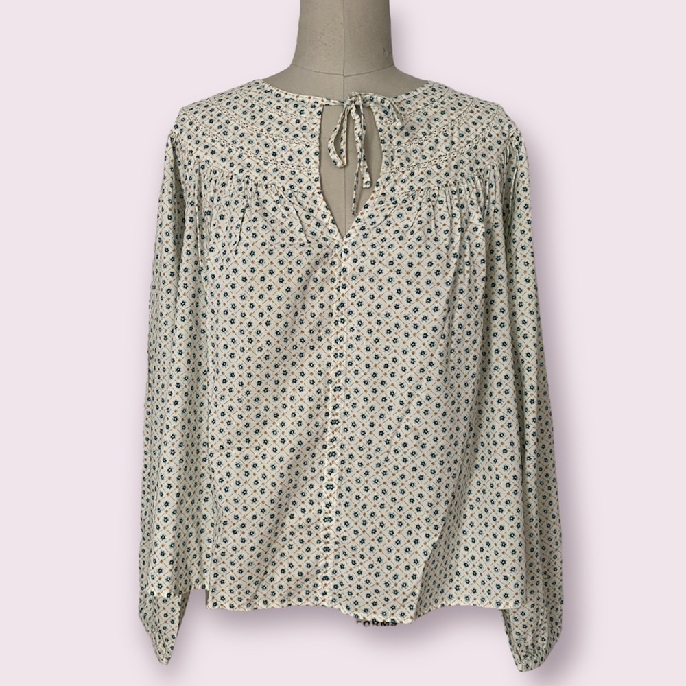 Universal Thread Cream Floral Balloon Sleeve Pullover Top Front Ties Siz…